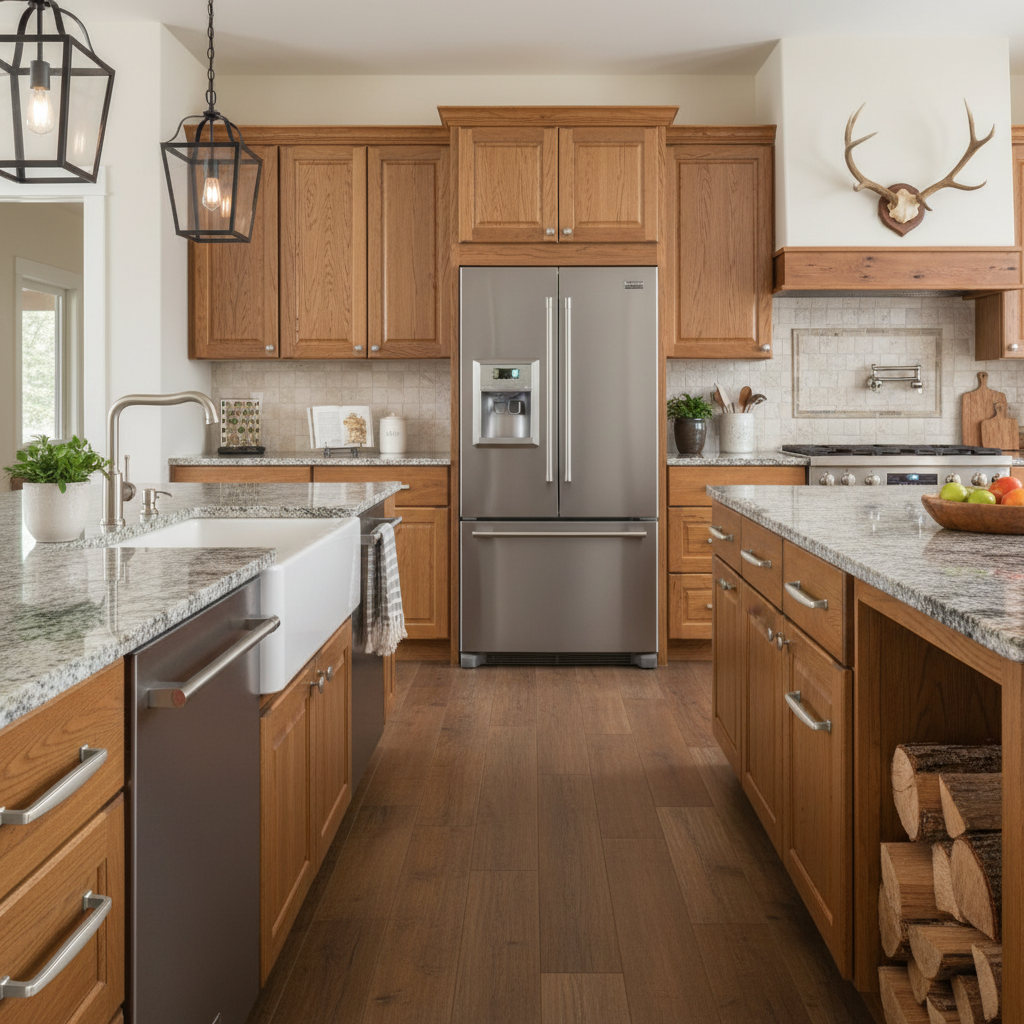 Wood kitchen cabinets with a modern satin brushed nickel cabinet drawer pulls 