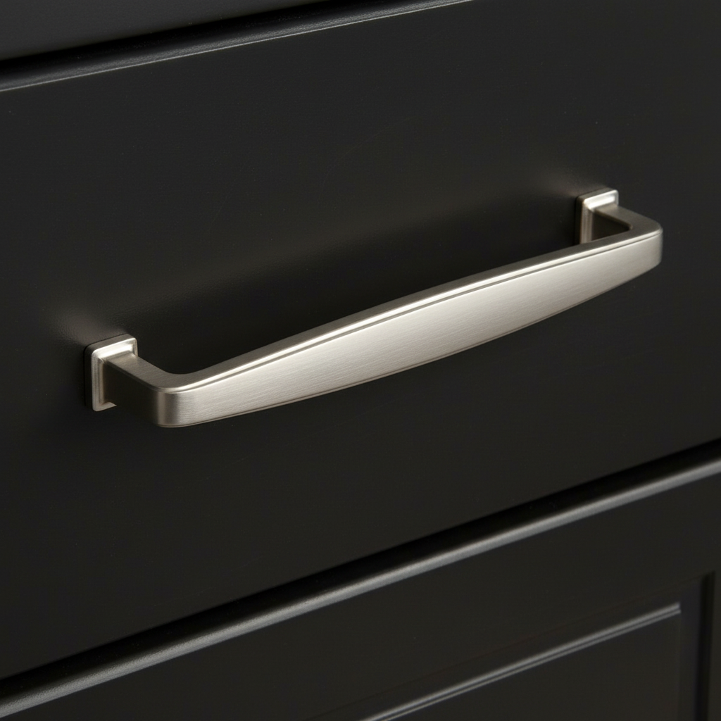 Black cabinet with a silver handle on a dark background