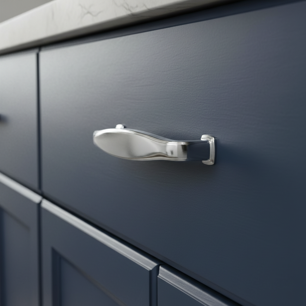 Chrome cabinet handle on a navy cabinet drawer