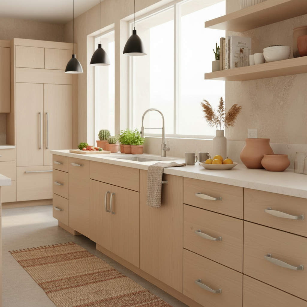 Modern kitchen with wooden cabinets and a window view