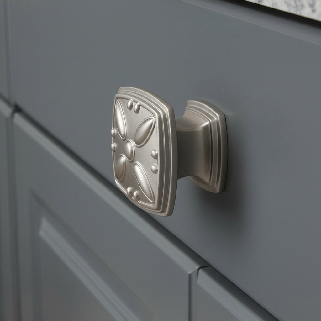Decorative cabinet knob on a gray cabinet door