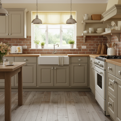 Modern kitchen with beige cabinets, wooden countertops, and a large window.