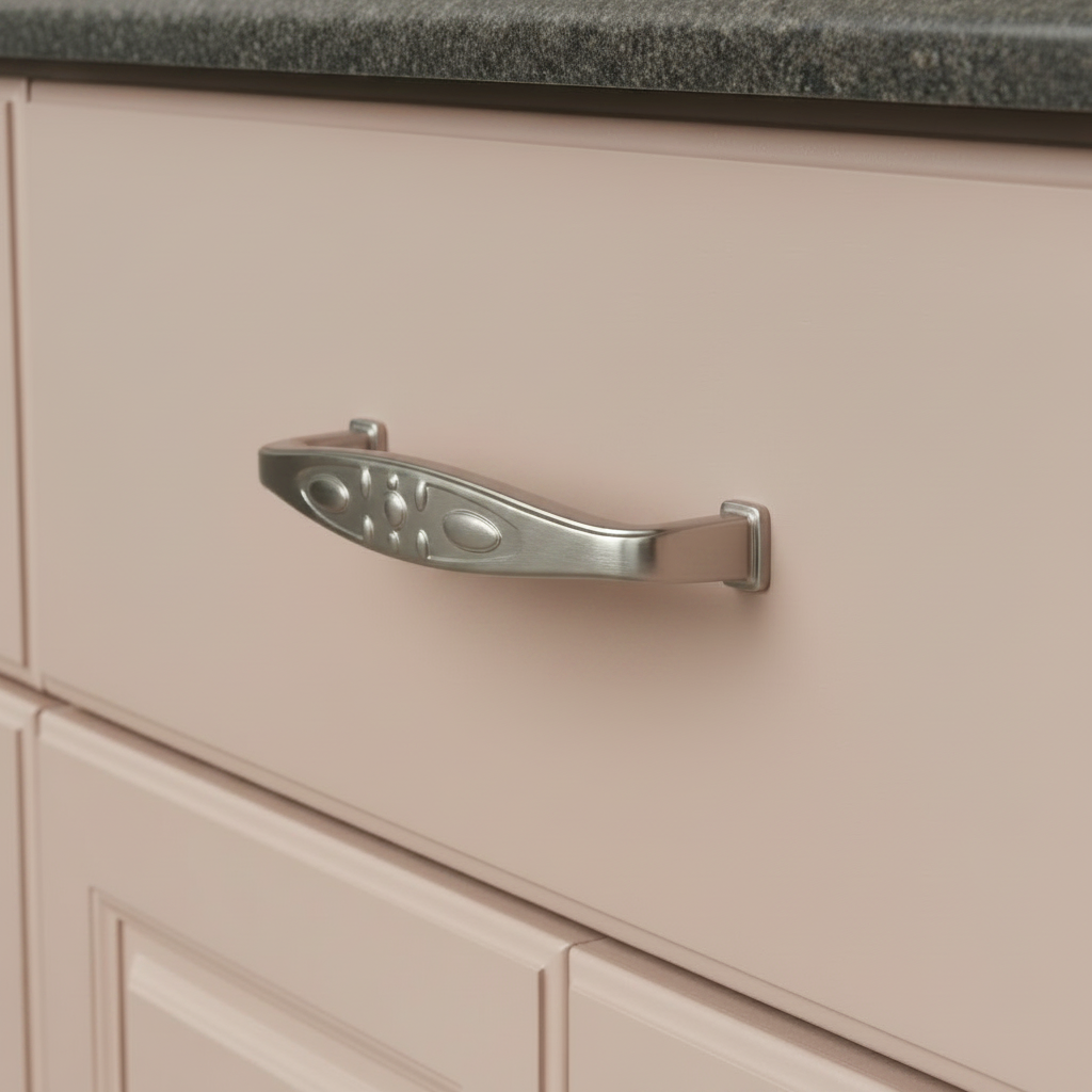 Close-up of a metallic cabinet handle on a gray cabinet door.