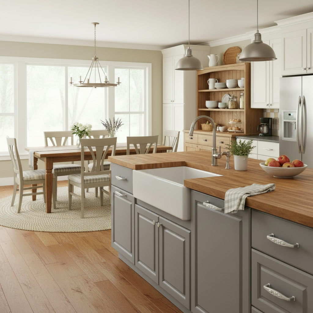 Modern kitchen with wooden countertops and white cabinetry