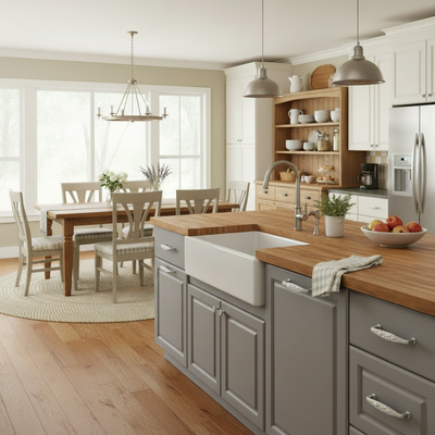 Modern kitchen with wooden countertops and white cabinetry