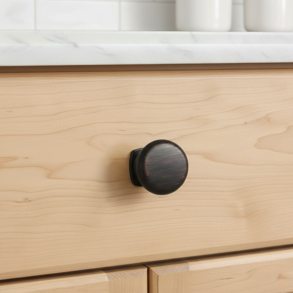 Wooden drawer with a dark metal knob on a white tiled wall background