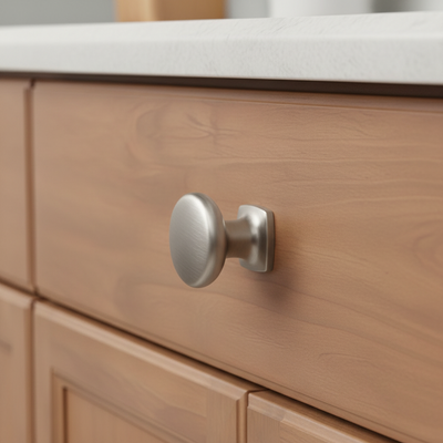 Close-up of a wooden cabinet with a satin nickel cabinet knob