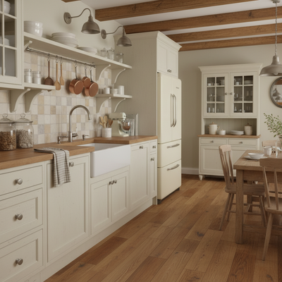 round cabinet knobs in satin nickel set in a country kitchen with cream cabinets and wood flooring 