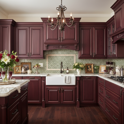 Luxurious kitchen with dark wood cabinetry, marble countertops, and a chandelier.