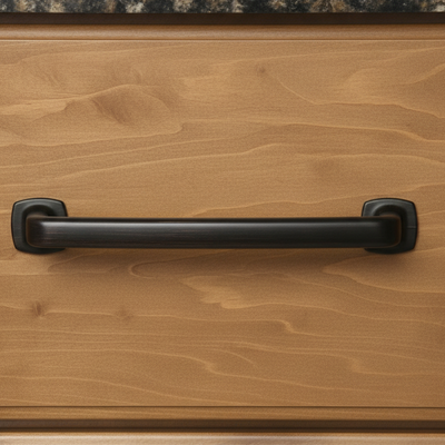 oil rubbed bronze cabinet handle on a wooden cabinet door