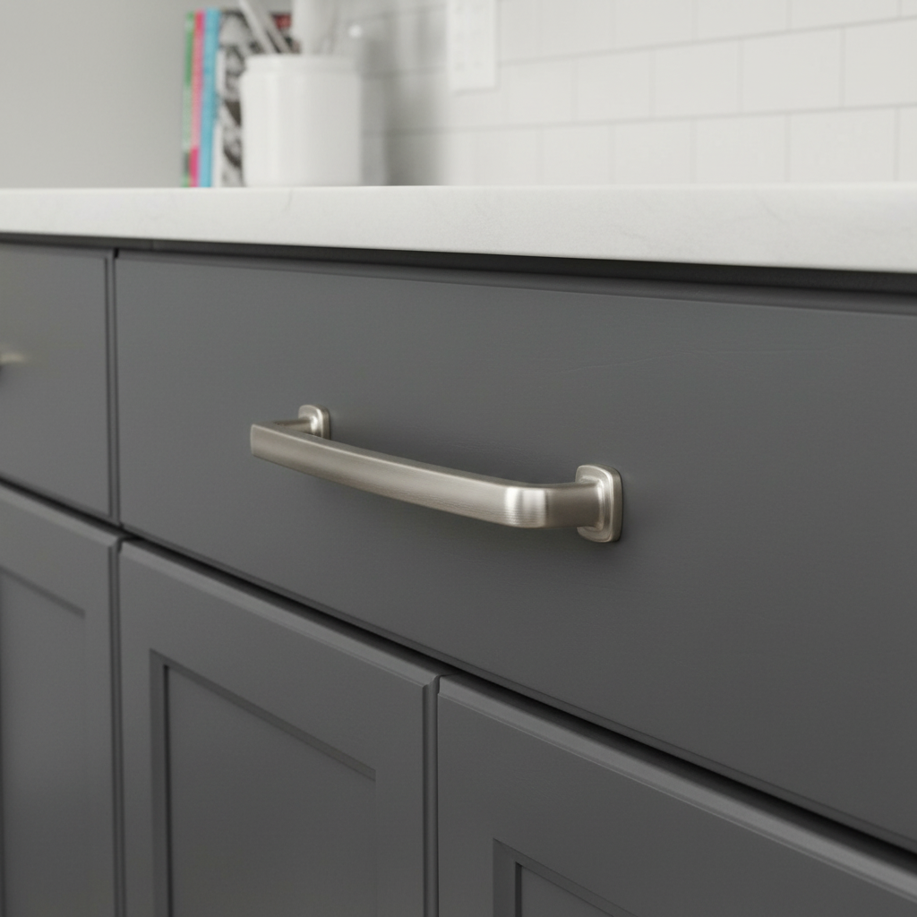 Gray cabinet with a satin nickel modern handle in a bathroom setting