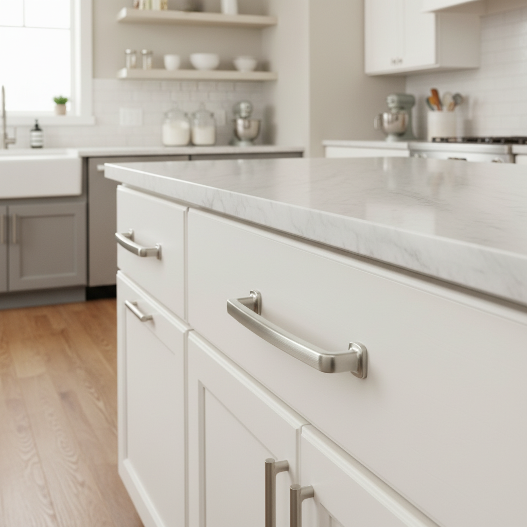 White kitchen cabinets with satin nickel pull handles in a modern kitchen setting.