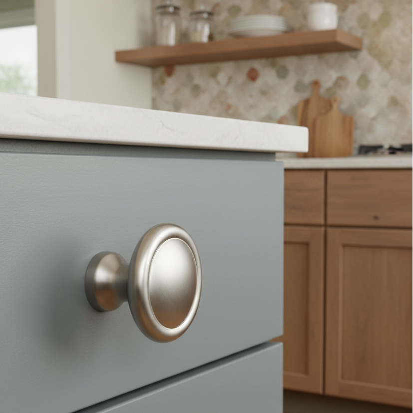 round cabinet knob with satin nickel finish in a modern kitchen 