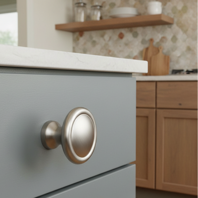 round cabinet knob with satin nickel finish in a modern kitchen 