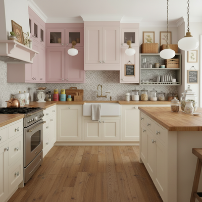 Modern kitchen with pink and gray cabinets, wooden countertops, and various kitchenware.