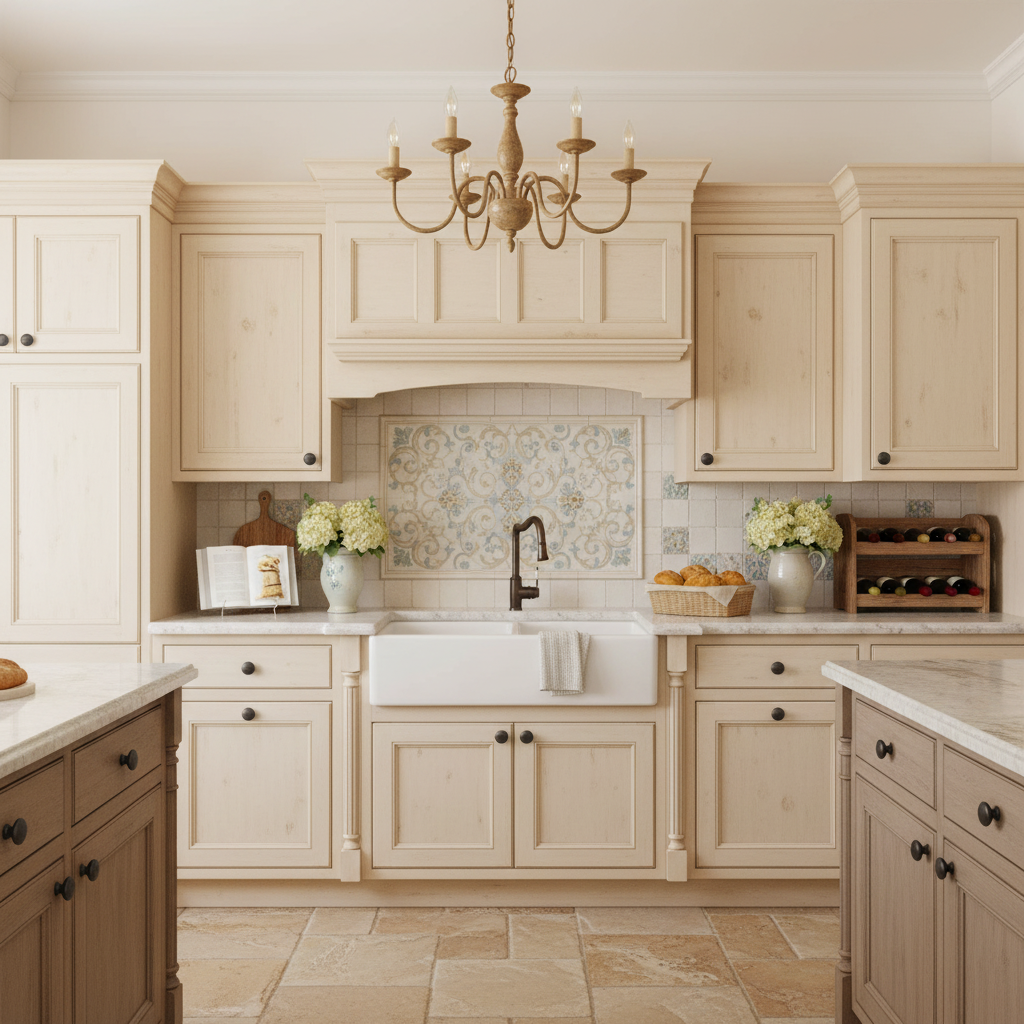 Close-up of a round black cabinet knob on a beige drawer.