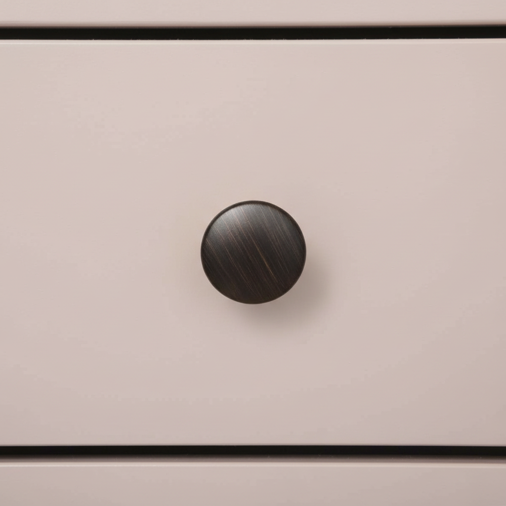Close-up of a round black cabinet knob on a beige drawer.
