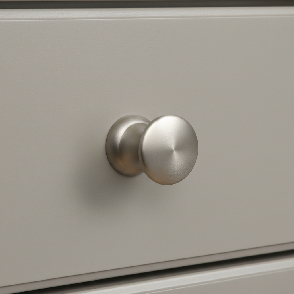 Close-up of a silver cabinet knob on a light gray drawer