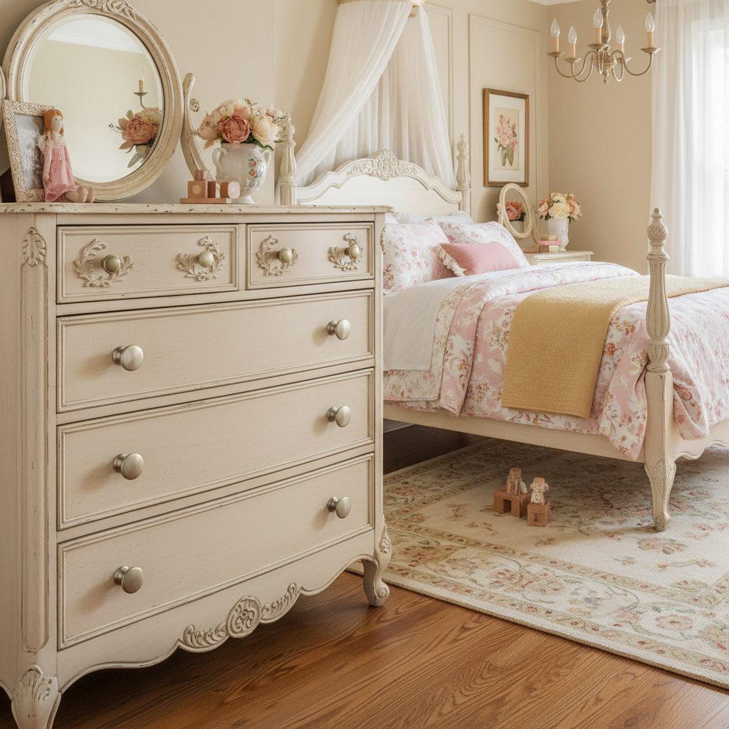 Chic bedroom with a dresser and bed in a soft, neutral color scheme.