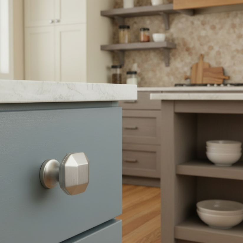 Close-up of a kitchen cabinet drawer knob with square and geometric design on a blue cabinet island with a blurred background of a kitchen.