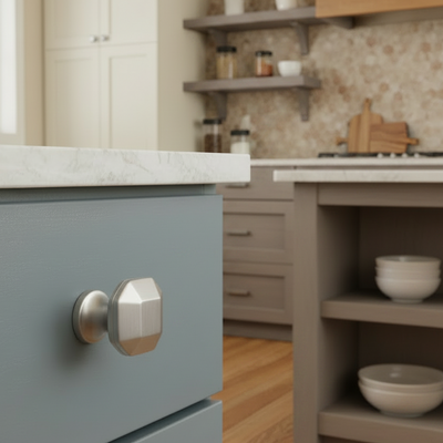 Close-up of a kitchen cabinet drawer knob with square and geometric design on a blue cabinet island with a blurred background of a kitchen.