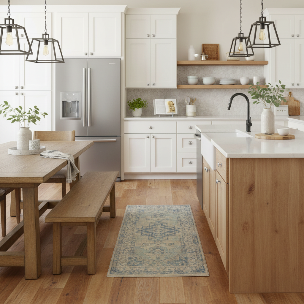 decorative satin nickle cabinet knobs on wood cabinets in a modern farmhouse kitchen. 