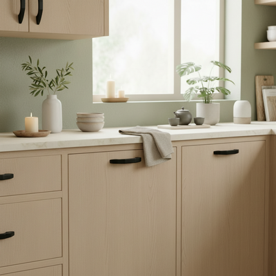 Beige kitchen cabinets with black handles, light-colored countertop, and decorative items.