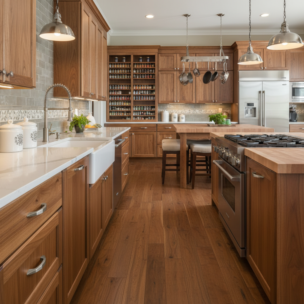 Modern kitchen with wooden cabinets, stainless steel appliances, and a island.
