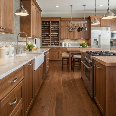 Modern kitchen with wooden cabinets, stainless steel appliances, and a island.