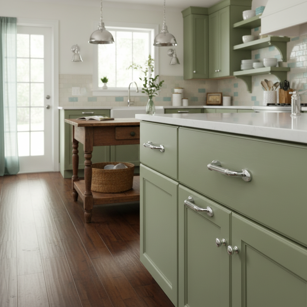Modern kitchen with green cabinets, wooden floor, and white countertops.