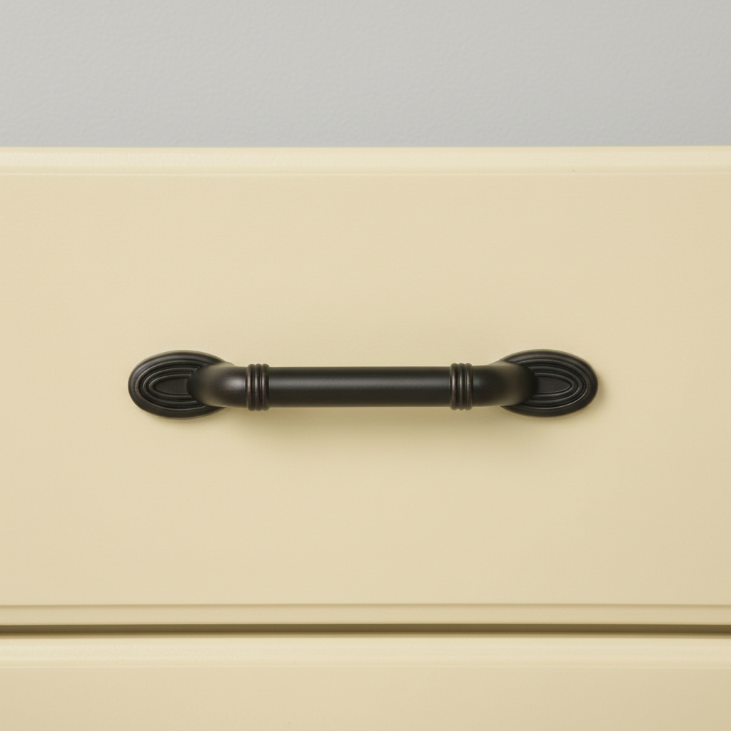 Oil rubbed bronze drawer pull with decorative lines engraving on a yellow drawer 