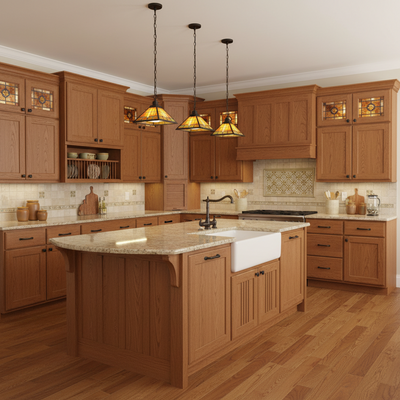 Oil rubbed bronze drawer pull on wood drawers in a large kitchen 