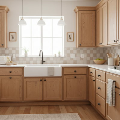 modern kitchen with wood cabinets and oil rubbed bronze round cabinet knobs