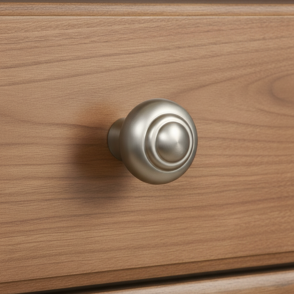 satin nickel cabinet knob on a wooden drawer