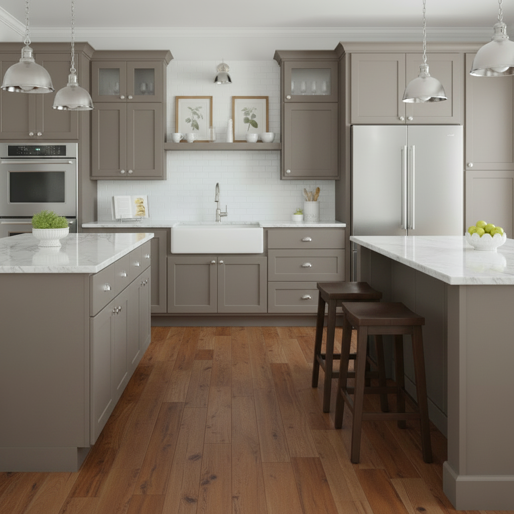 modern kitchen with satin nickel cabinet hardware by Cosmas hardware and Doorcorner