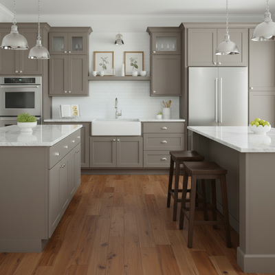 modern kitchen with satin nickel cabinet hardware by Cosmas hardware and Doorcorner