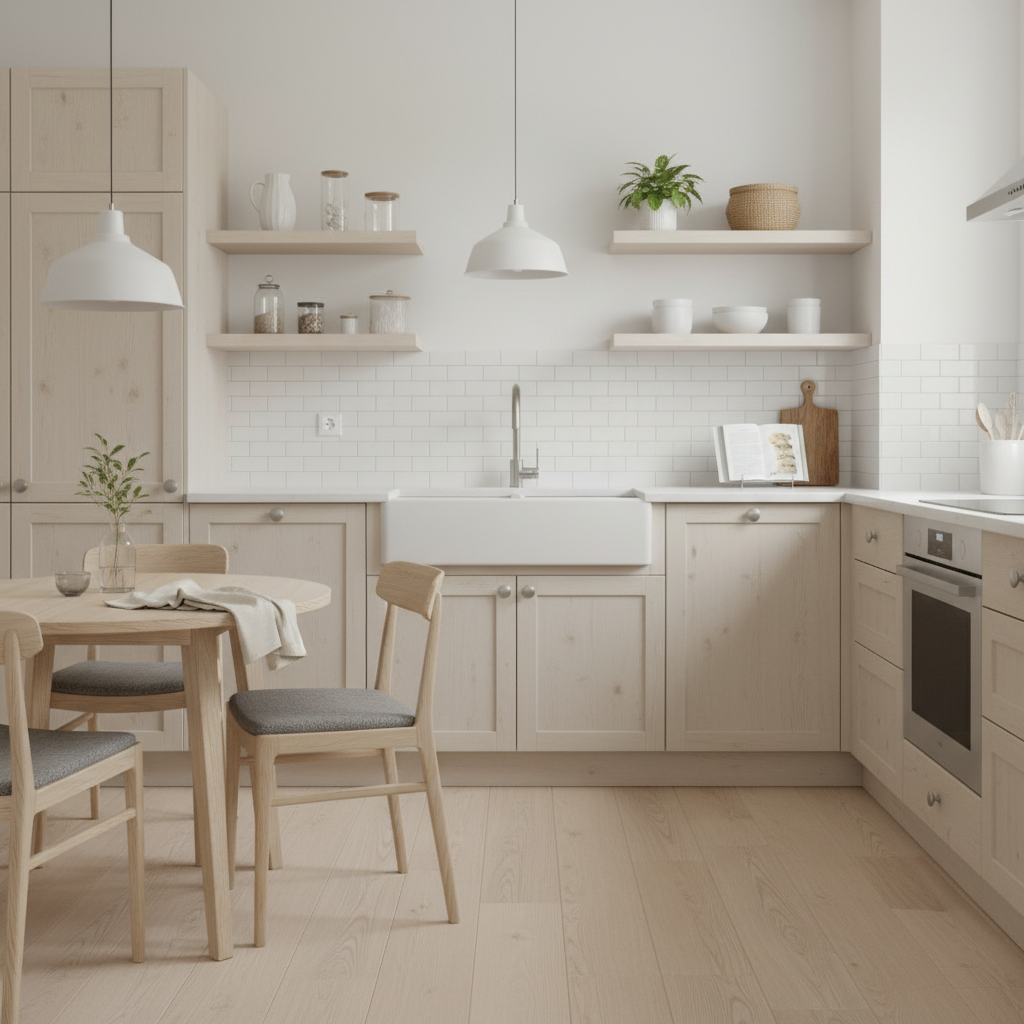 modern kitchen with satin nickel cabinet knobs 