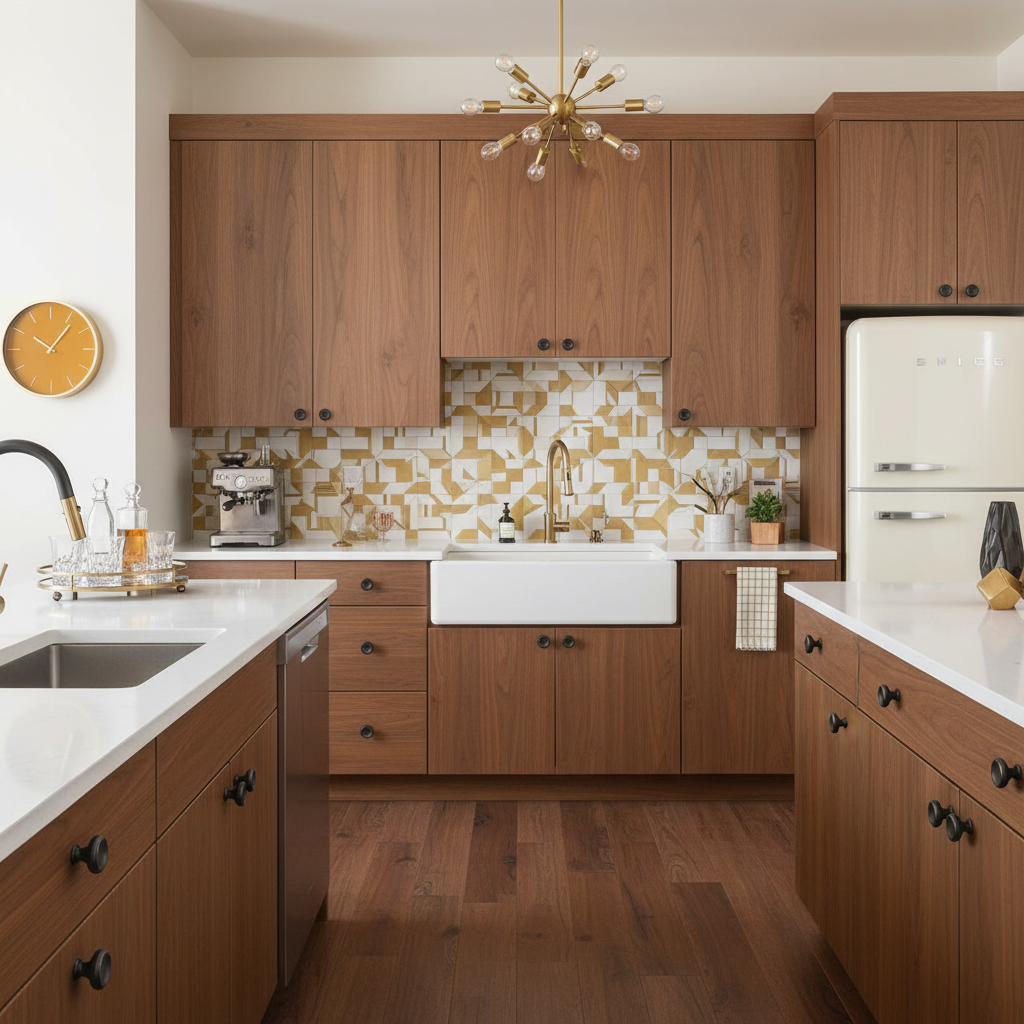 mid century modern kitchen with oil rubbed bronze cabinet knobs round 
