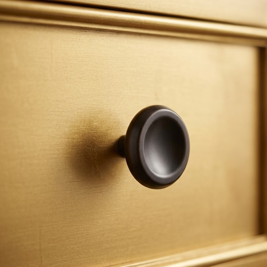 round knob with concave center on a gold drawer 
