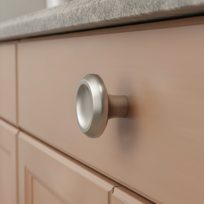 Close-up of a beige cabinet with a silver knob