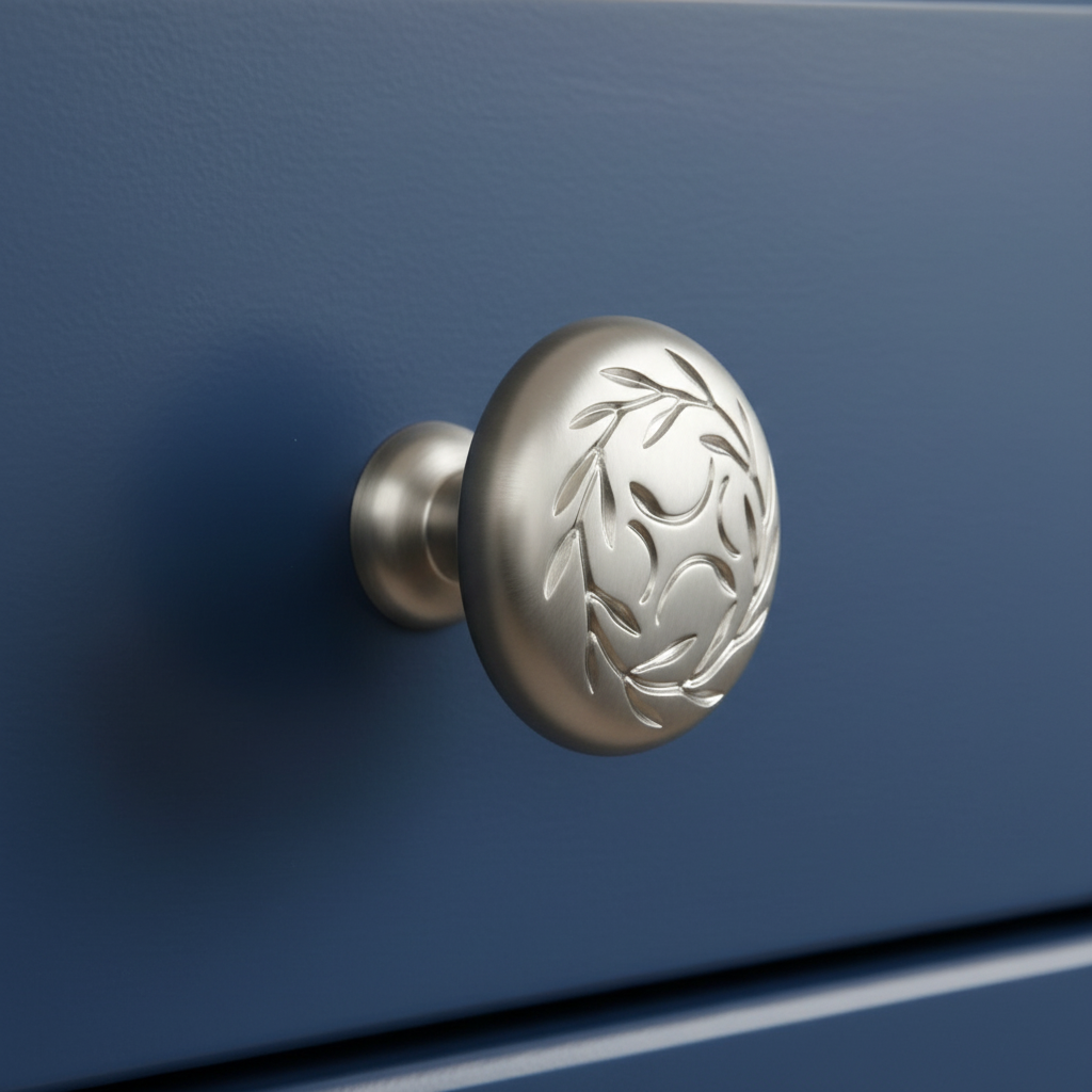 satin nickel cabinet handle with decorative design on a blue door