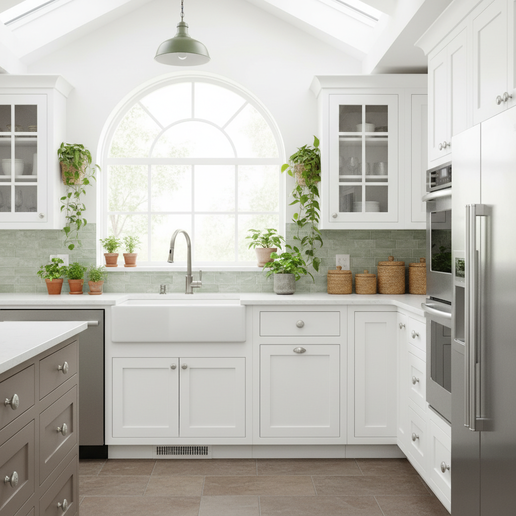 round cabinet knobs in a pretty white kitchen