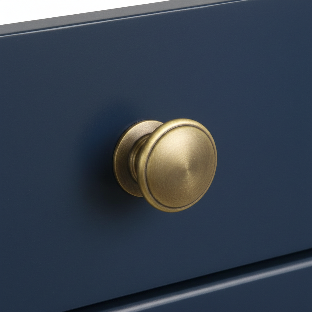 Brushed antique brass cabinet knob installed on a navy cabinet drawer 1:1 ratio 