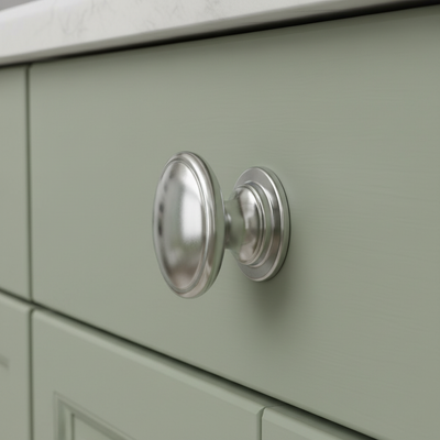 Polished chrome cabinet drawer knob with slightly raised center on a green drawer