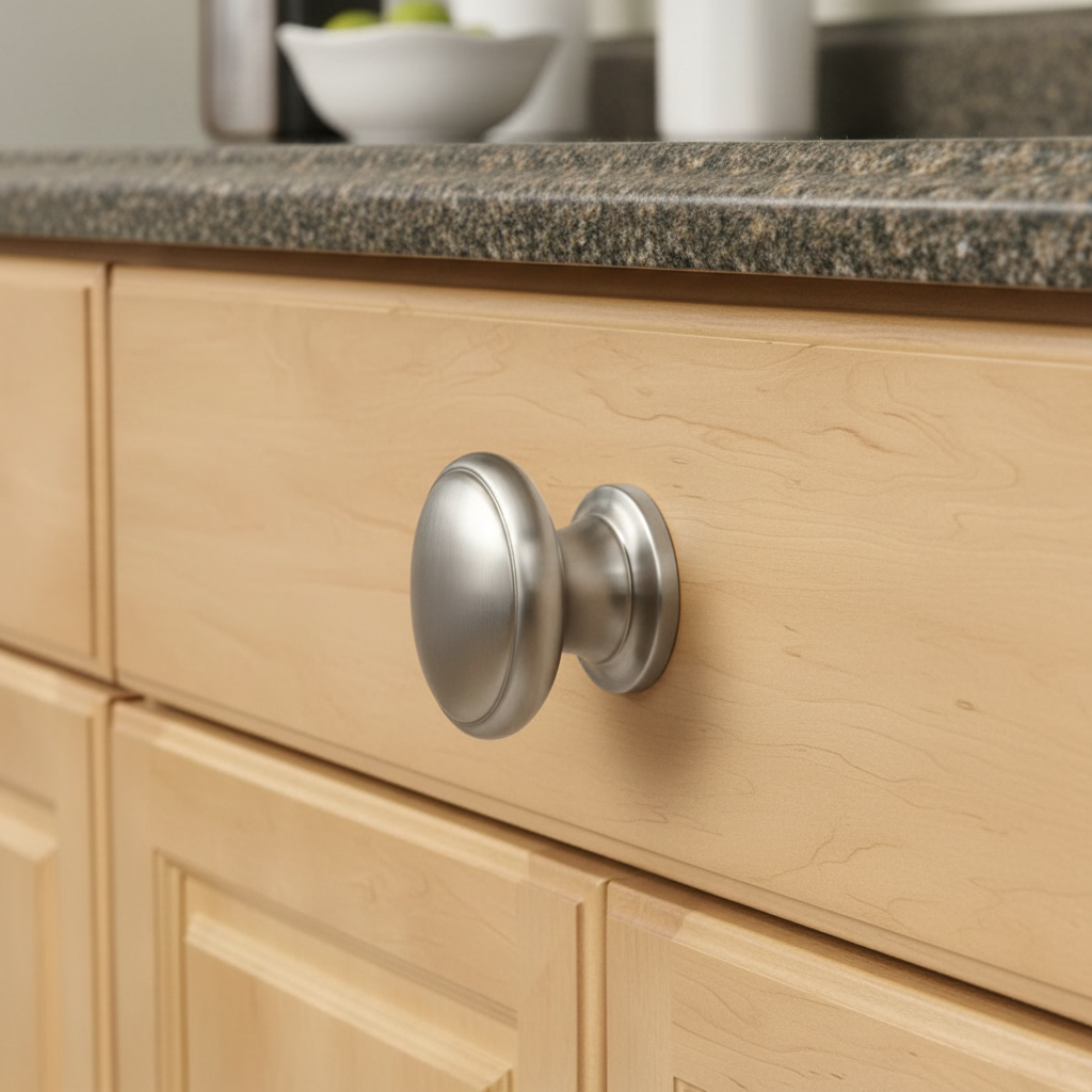 Close-up of a wooden cabinet with a metallic knob on a kitchen counter.