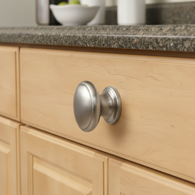 Close-up of a wooden cabinet with a metallic knob on a kitchen counter.