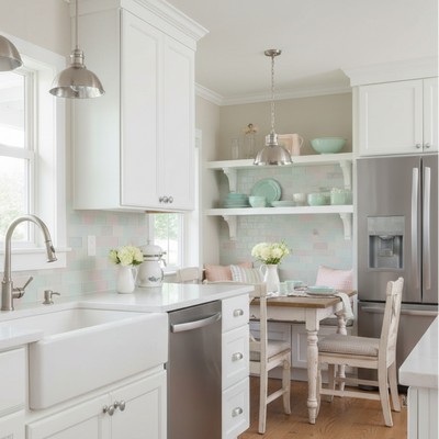 Modern kitchen with white cabinets, stainless steel appliances, and a dining area.