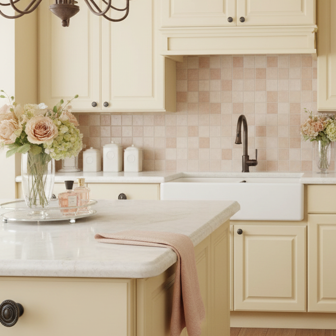 Close-up of a beige kitchen cabinet with a decorative black handle, blurred background