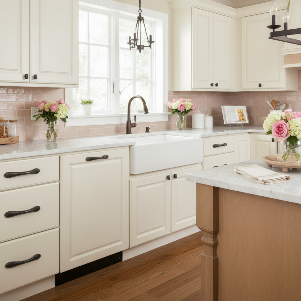 kitchen with brown oil rubbed bronze pull handles 
