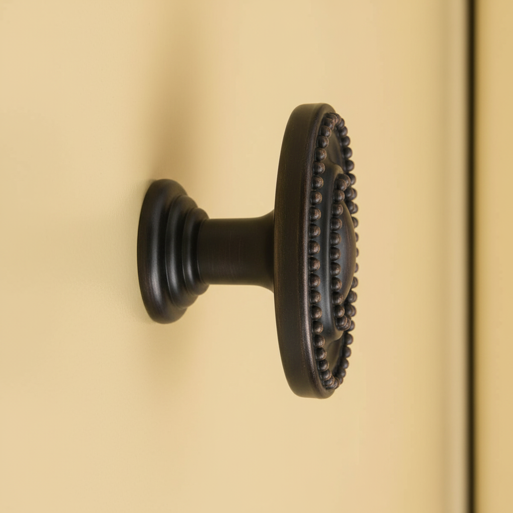 Decorative bronze door cabinet knob on a beige background